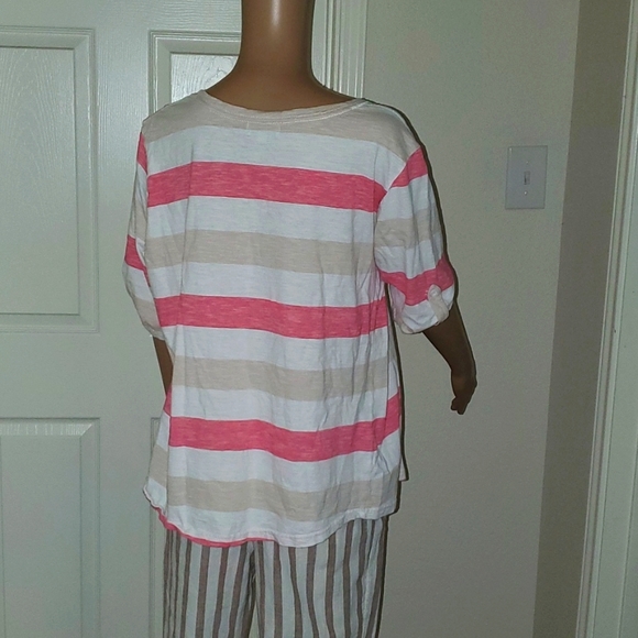 Kate Parks 1x cabana Stripe button tab half sleeve breast pocket - Picture 2 of 6